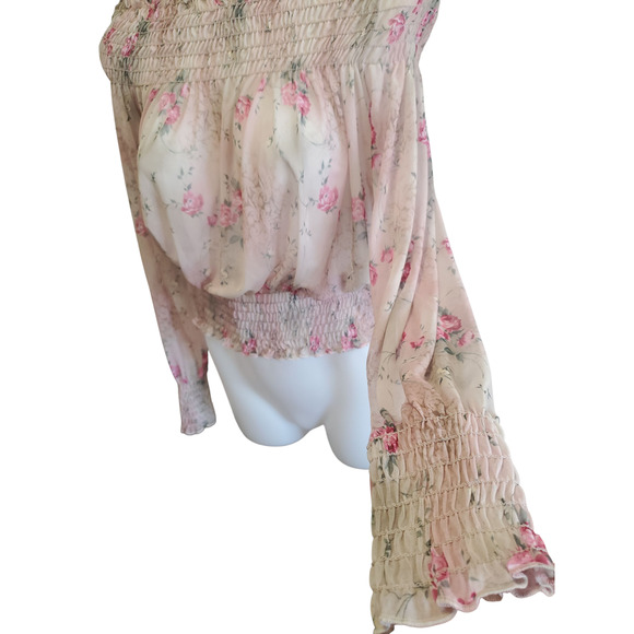 Y2K Forever 21 Sheer Floral Fairy Goth Romantic Shirred Off-Shoulder Top L - Picture 4 of 9